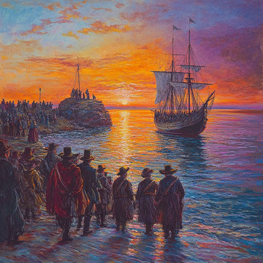 Pilgrims at Plymouth Rock with vibrant sunrise