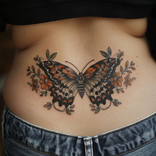 Lower back butterfly tattoo, Maria Sibylla Merian style