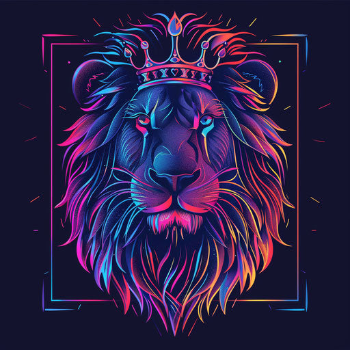 Sleek flat tattoo sketch of a crowned lion, modern neon palette