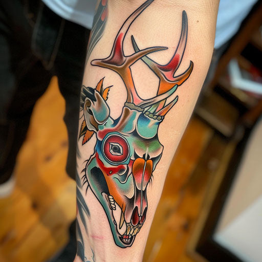 Neo-traditional deer skull tattoo