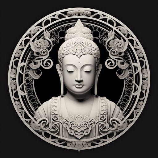 The meditative face of Buddha in black and white, classic tattoo style