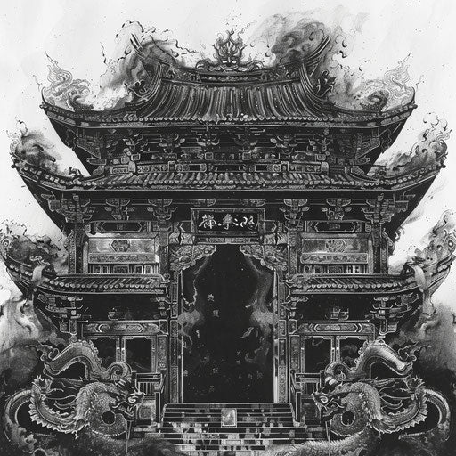 Black and white drawing of a temple, chinapunk style