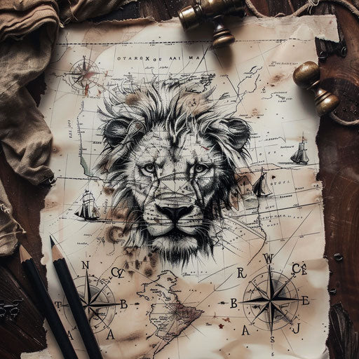 Nautical map inspired lion of Judah tattoo sketch