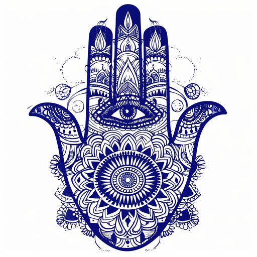 Hamsa tattoo illustration in traditional Indian style with paisley and mandala elements on white