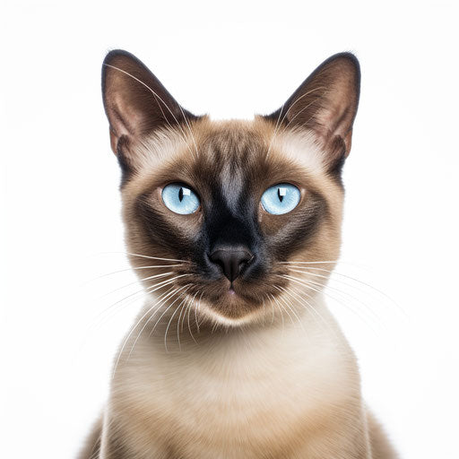 Siamese cat looking straight ahead up isolated on white background, in the style of fujifilm fujicolor c200, petcore