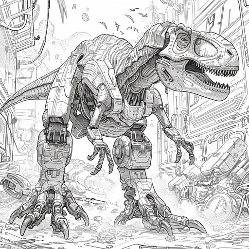 Futuristic robotic T-Rex in a sci-fi setting