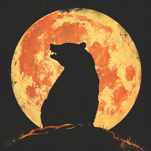 Bear's silhouette howling at full moon