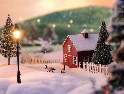 Christmas scene of a snow-covered farm with a red barn