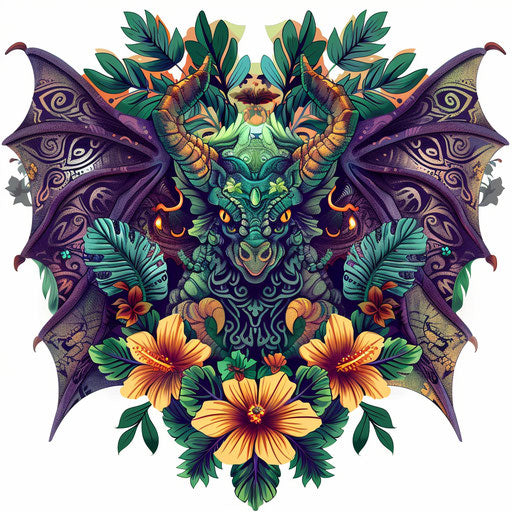 Exotic sketch of gargoyle tattoo with tropical floral patterns and vivid colors