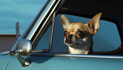 Chihuahua looking out the front window of a blue classic car