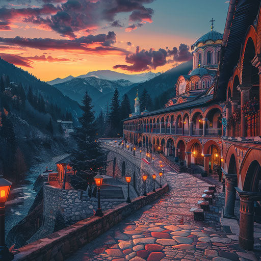 Rila Monastery at twilight with soft colors blending