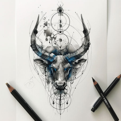 Zen-inspired tattoo sketch of the Taurus constellation with minimalist Zen circles and tranquil blue and grey tones