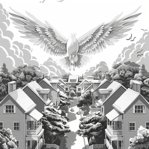 Neighborhood clipart with realistic flat background, monochrome palette and detailed wings