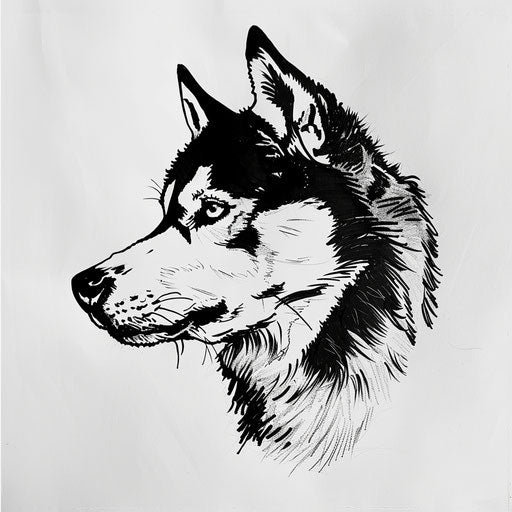 Minimalist black and white tattoo sketch of serene husky face