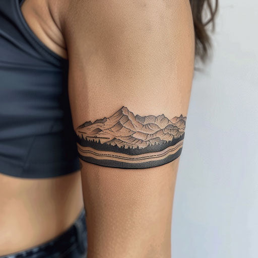 Minimalist mountains and nature armband tattoo, Steve Sack style