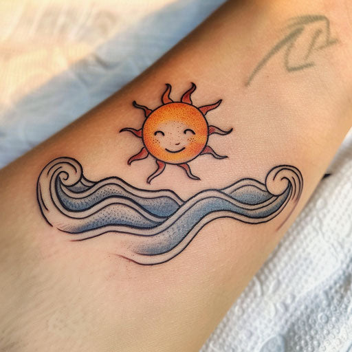 Cartoonish sunset tattoo with a smiling sun setting over playful waves, on a white background.