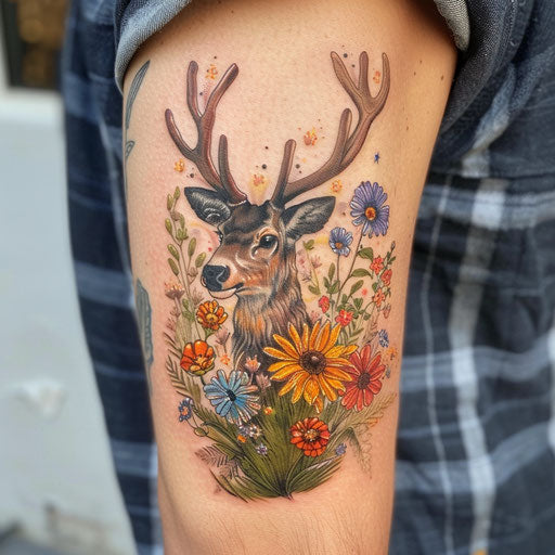 Wildflower tattoo with deer, earthy colors, woodland theme