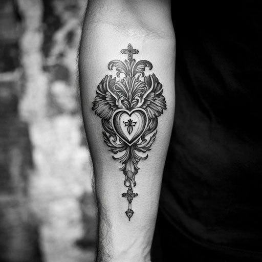 Christian tattoos for men with a sacred heart on the forearm in the style of Ed Hardy