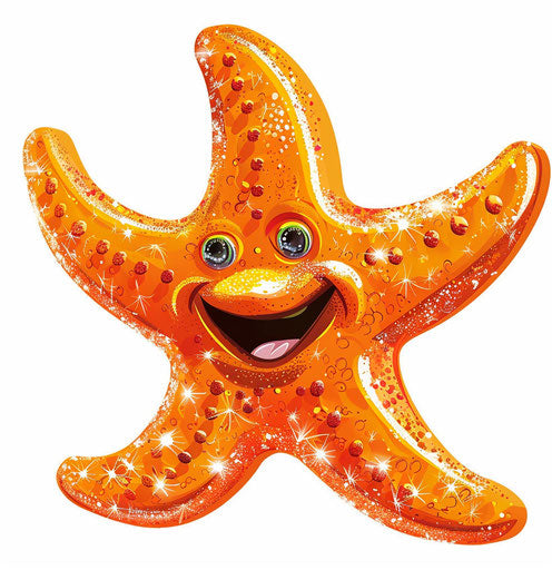 Smiley orange starfish on shiny white background