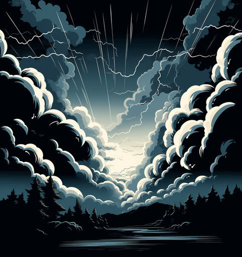 Storm clouds and lightning in retro black, comic/cartoon style, soggy 15:16