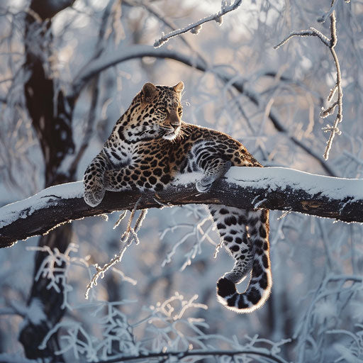 Serene dawn in the Siberian forest with an Amur leopard on a frost-covered branch