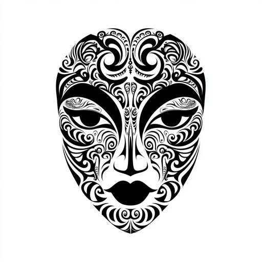 Flat tattoo sketch of Maori face tattoo with intricate patterns