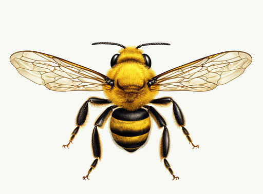 Yellow and black bee on white background, woodcut-inspired