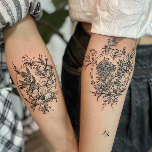 Friendship tattoos in the style of Maria Sibylla Merian with intertwining botanical elements