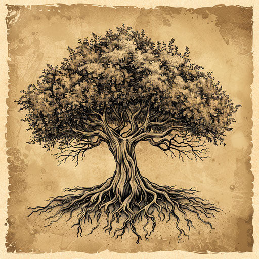 Rustic tattoo sketch of an ancient tree with wide roots, earth tones, clipart style