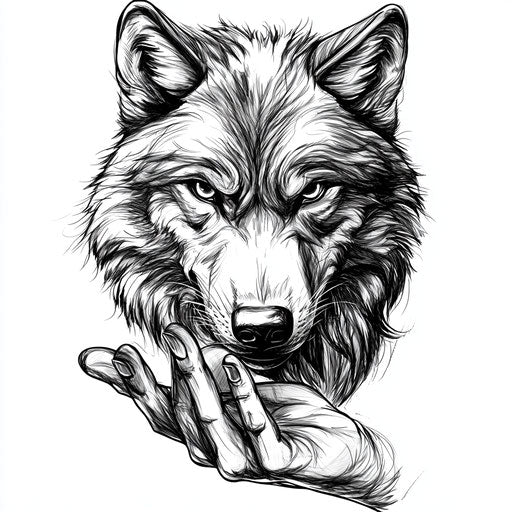 Hand tattoo sketch of wolf with realistic fur texture
