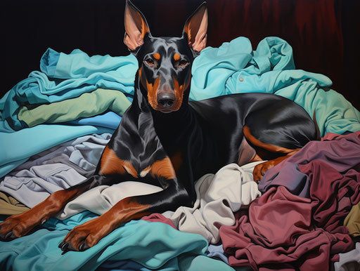 Sleeping doberman puppy on bed, light maroon and dark aquamarine style, on-the-phonecore mommy, raw and unpolished, full of movement