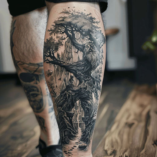 Epic mythological journey leg tattoo for men