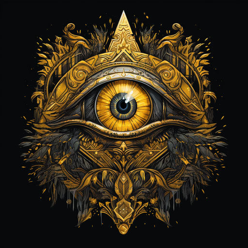 All-seeing eye and old sun symbol, in elaborate massurrealism style