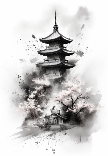 Intricate black and white pagoda, classic tattoo motifs