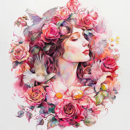 Goddess of love surrounded by roses and doves in watercolor