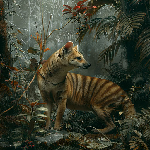 Thylacine in a fantastical forest setting, in the style of Simen Johan