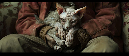 Sphynx cat on owner's lap, disfigured forms, textured surface