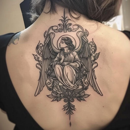Art Nouveau guardian angel tattoo on white canvas