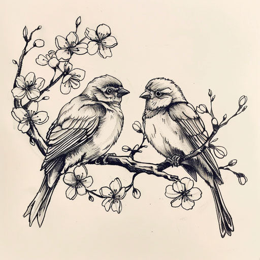 Sketch of a pair of lovebirds on a branch with cherry blossoms for wrist coverup tattoo for women