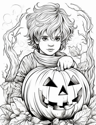 Halloween coloring the boy and the pumpkin, colorful kitsch style, detailed foliage, light yellow and light aquamarine, detailed drapery 24:31