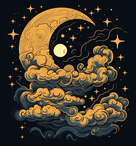 Sleeping moon and clouds in bold line work style