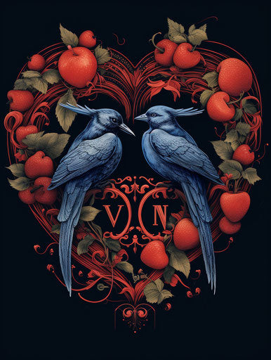 Birds and heart with vegan word, classic tattoo style, red and indigo