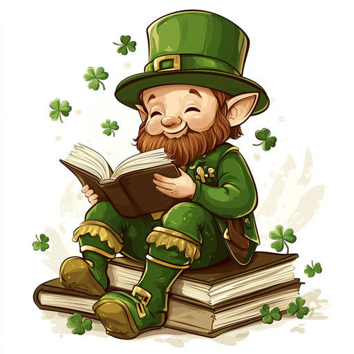 Little leprechaun reading with shamrocks and books, clipart style