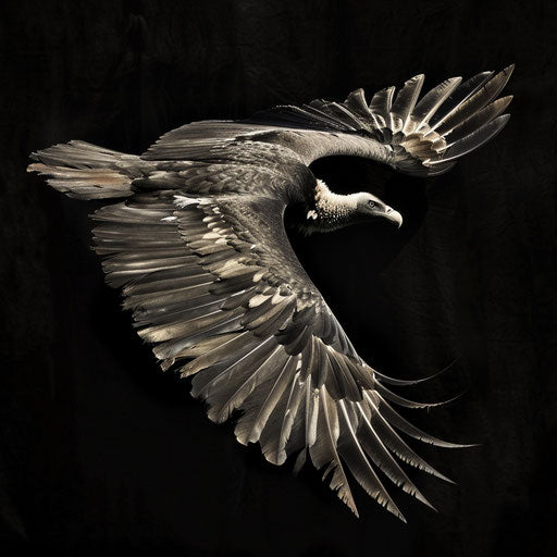 Vulture captured in mid-flight with wings spread and shadows