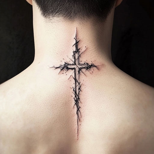Simple cross with shadow effect tattoo on neck for men