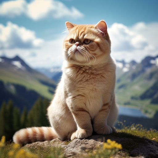 Exotic shorthair cat sitting in front of mountain scenery