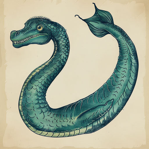 Traditional flat tattoo sketch of a Loch Ness Monster, deep sea green, clipart style
