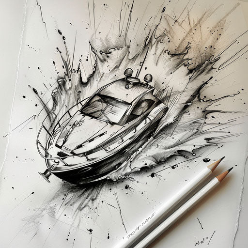 Expressive splatter art sketch of a speedboat with dynamic water splashes