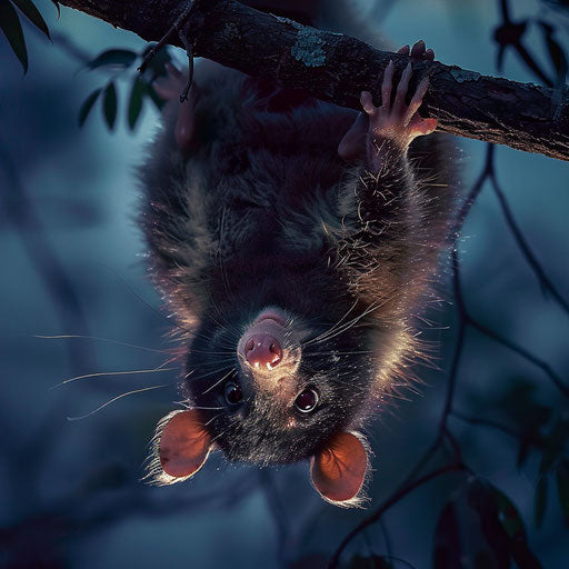 Possum hanging upside down from tree branch at dusk, in the style of Paul Souders