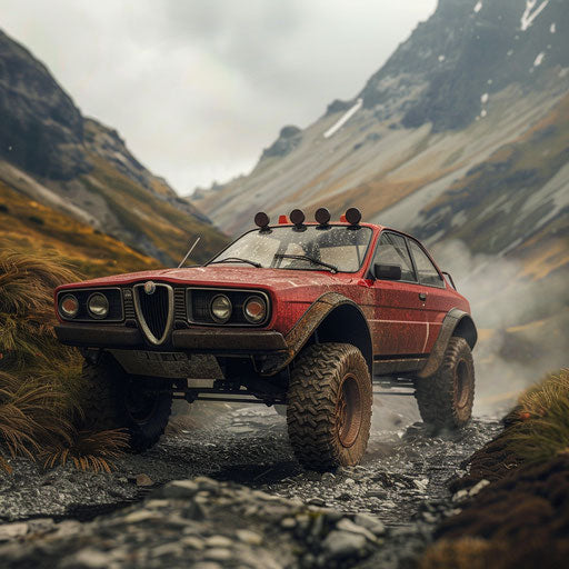 Alfa Romeo Alfasud with fat tires and lifted suspension, ready for off-roading on a rugged mountain path.